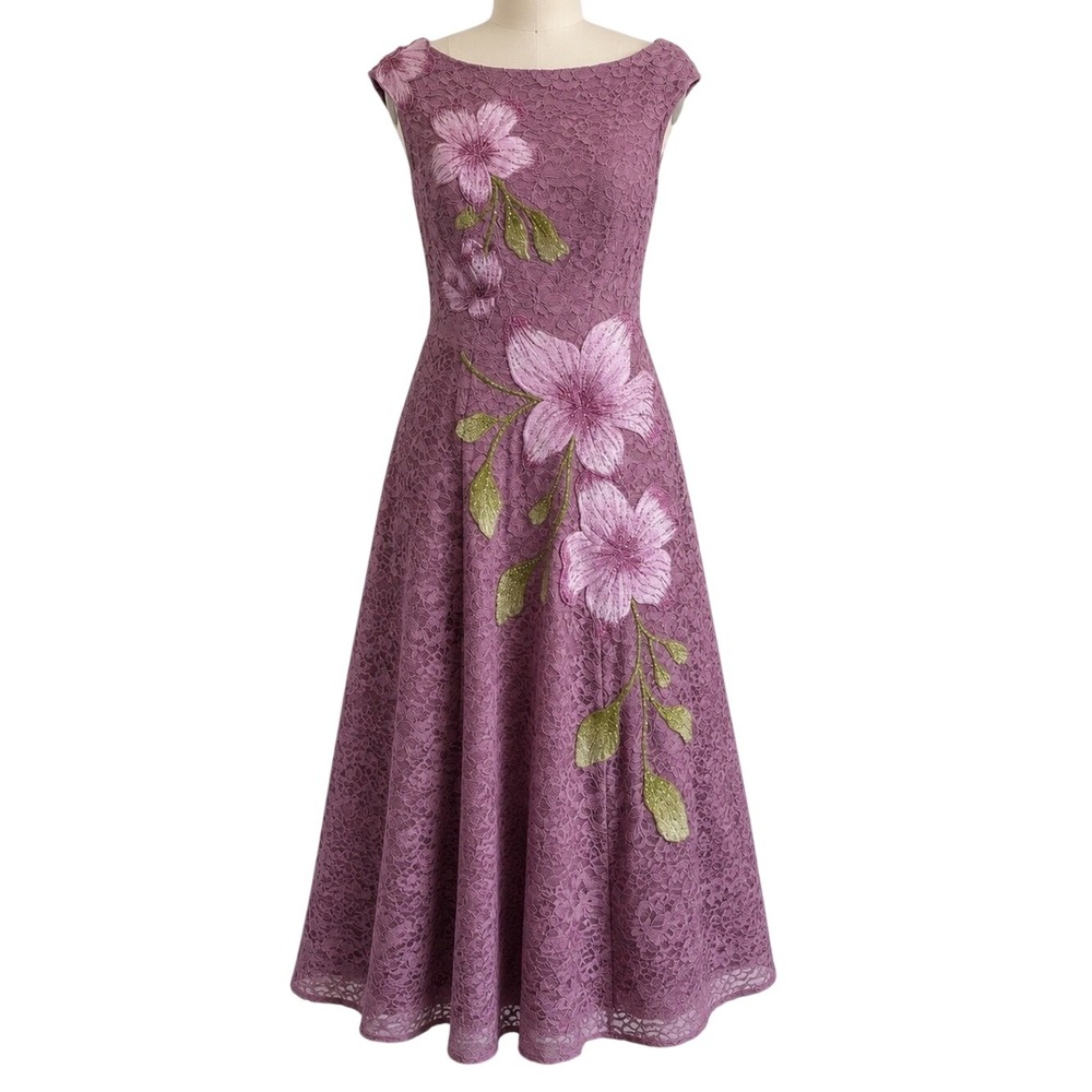 Theia Mauve Floral Embroidered Lace A-Line Maxi Formal Dress Small